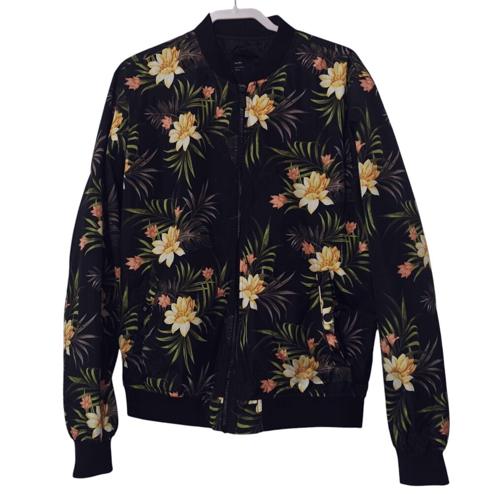Bershka Tropical Windbreaker Jacket XL XLarge Women's Navy Coat Floral Bomber